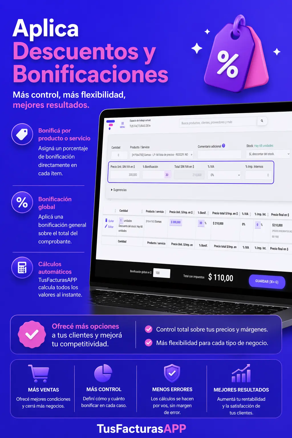 TusFacturasAPP: Software de gestion y Software de facturacion AFIP/ARCA Argentina. TusFacturasAPP: Aplic&aacute; bonificaciones